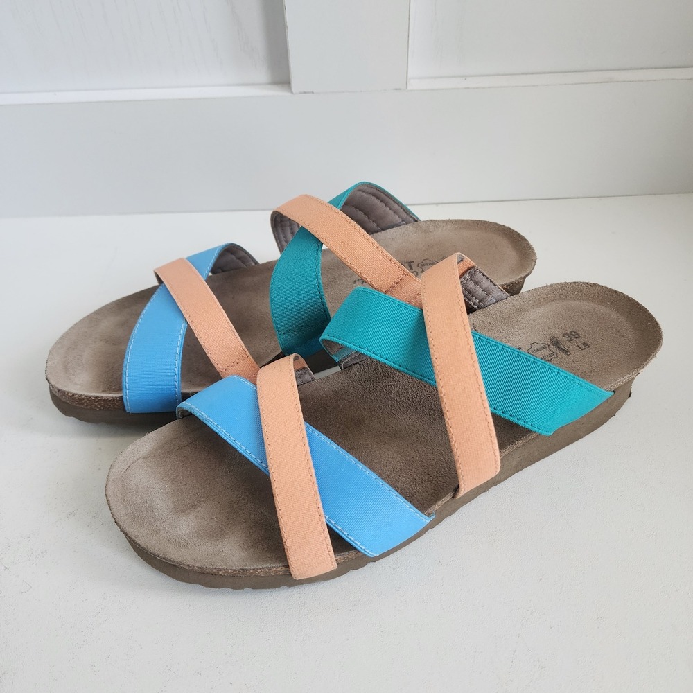 Naot Roxanna Strappy Cork Wedge Sandals Blue Teal Peach Size 39 / W 8-8.5